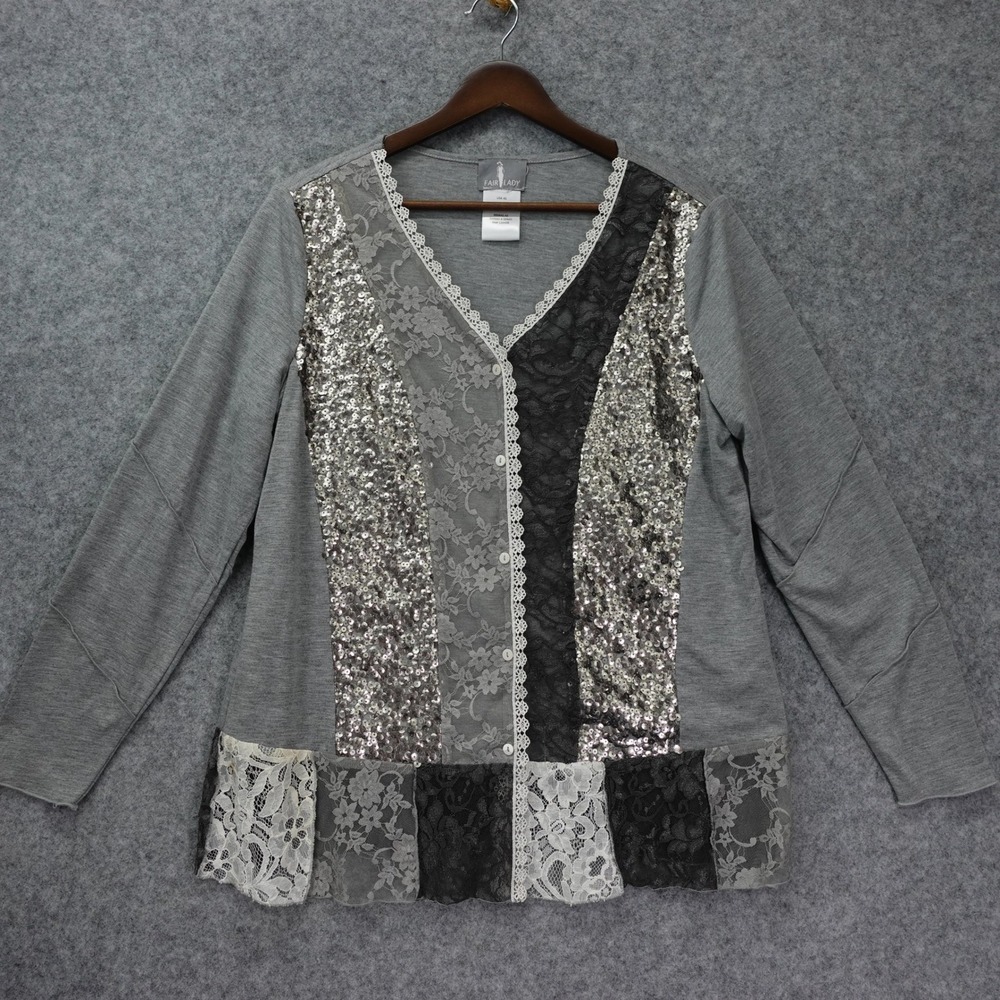 Y2K Fairycore Patchwork Blouse Women MEDIUM Silver Gray Sequin Lace FAIR LADY 40